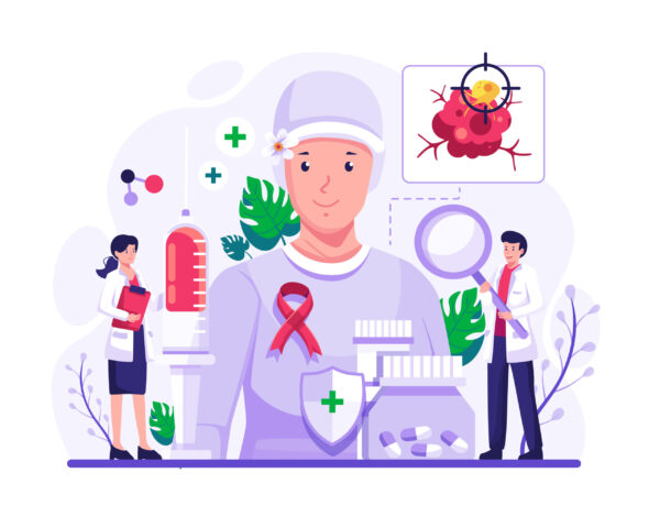 World cancer day illustration concept with Doctors diagnosing an